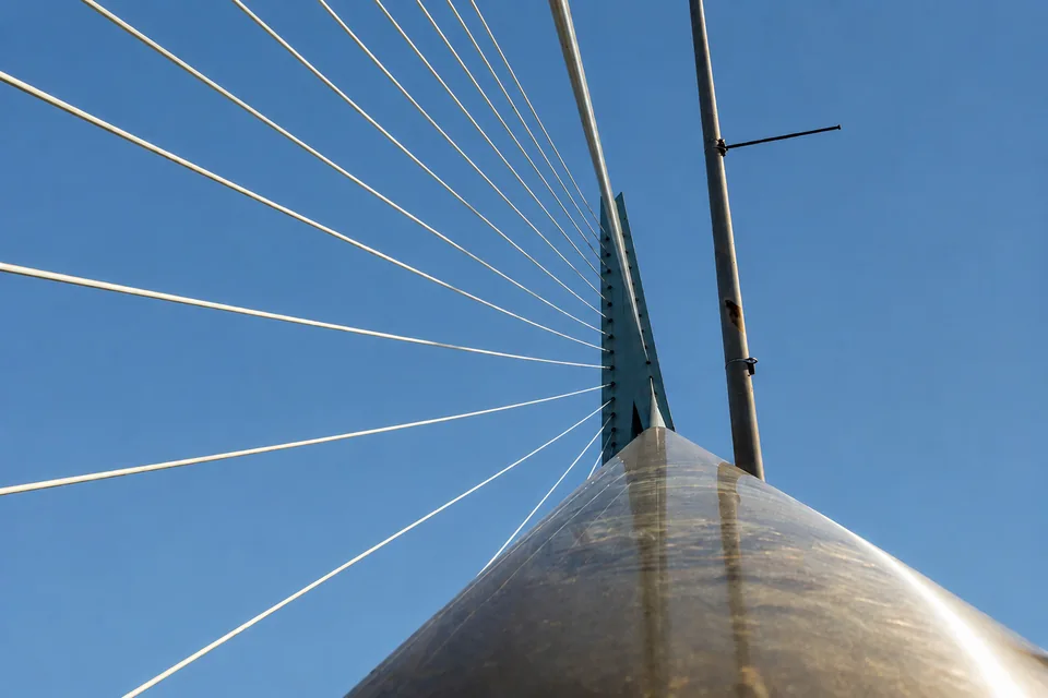 Architectonische lijnen van een tuibrug tegen de blauwe lucht